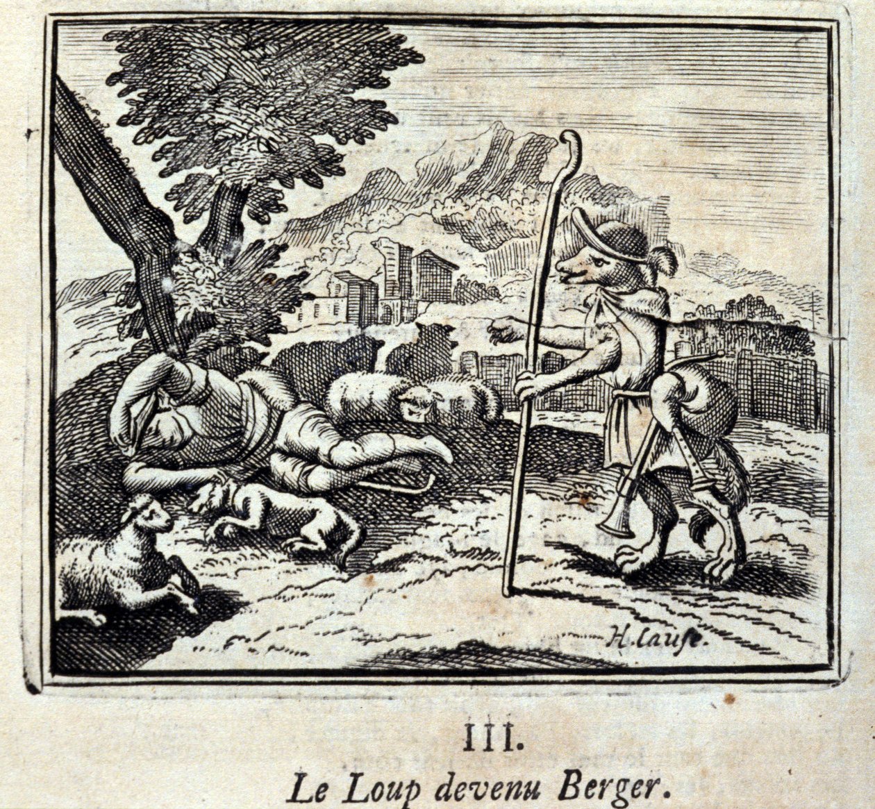 Ulven ble Berger.Fables av Jean de La Fontaine (1621-95). Illustrasjon av Francois Chauveau (1613-1676). Utgave av 1728. av Francois Chauveau