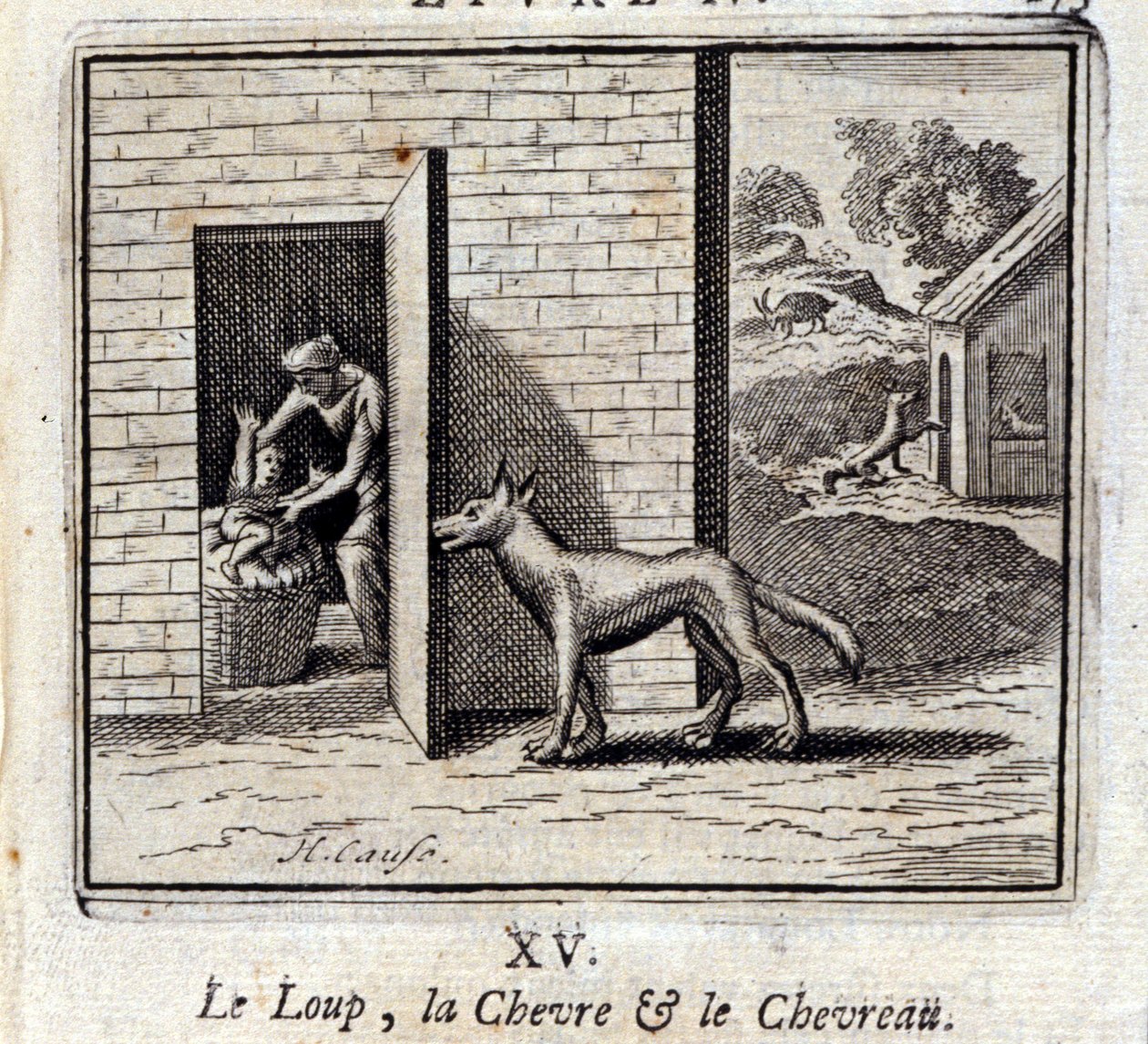 Ulven, geiten og geiten. Fabler av Jean de La Fontaine (1621-95). Illustrasjon av François Chauveau (1613-1676). Utgave av 1728. av Francois Chauveau