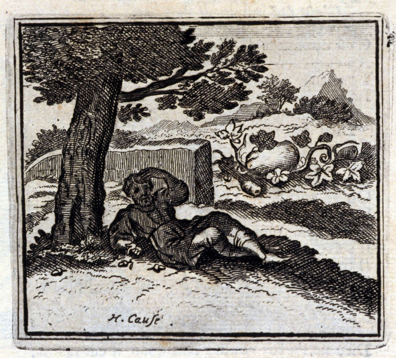 Eikenøtten og gresskaret. Fabler av Jean de La Fontaine (1621-95). Illustrasjon av François Chauveau (1613-1676). Utgave av 1728. av Francois Chauveau