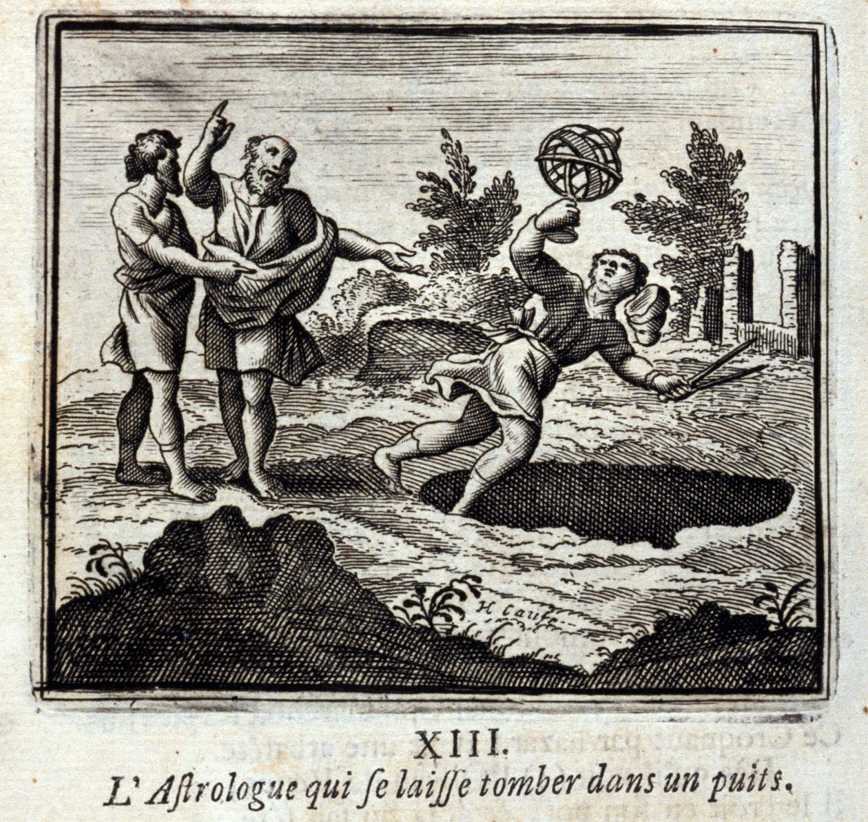 Astrologen som faller ned i en brønn. Fabler av Jean de La Fontaine (1621-95). Illustrasjon av François Chauveau (1613-1676). Utgave av 1728. av Francois Chauveau