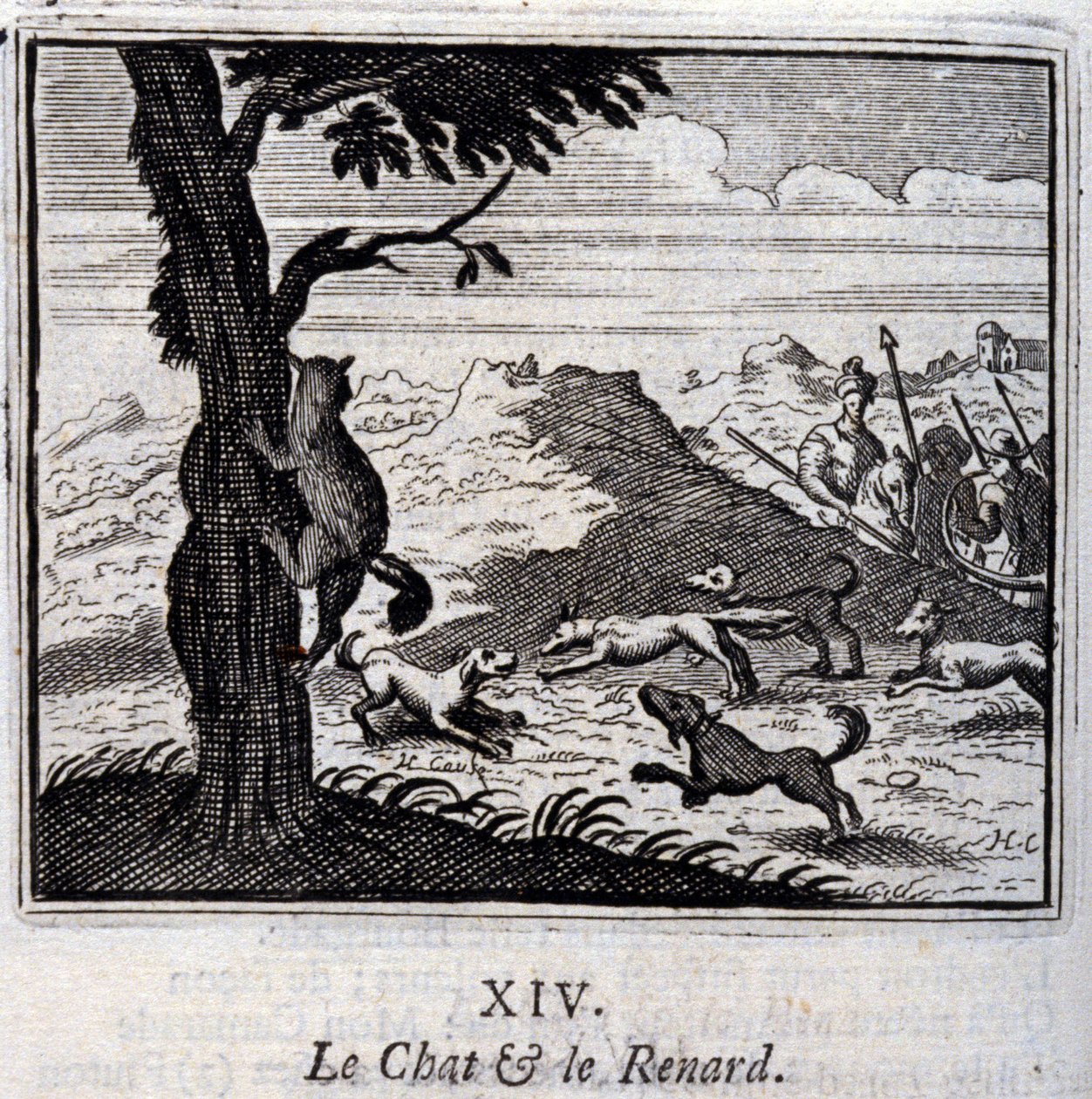 Katten og reven. Fabler av Jean de La Fontaine (1621-95). Illustrasjon av Francois Chauveau (1613-1676). Utgave av 1728. av Francois Chauveau