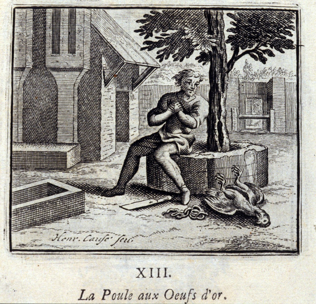 Kyllingen med gullegg. Fabler av Jean de La Fontaine (1621-95). Illustrasjon av François Chauveau (1613-1676). Utgave av 1728. av Francois Chauveau