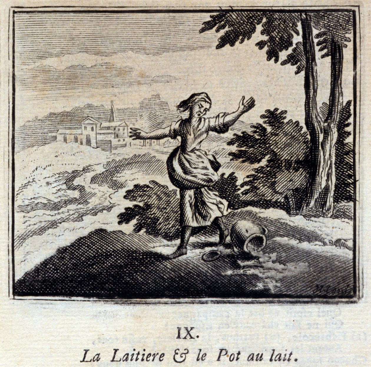 Meieriet og melkeglasset. Fabler av Jean de La Fontaine (1621-95). Illustrasjon av François Chauveau (1613-1676). Utgave av 1728. av Francois Chauveau