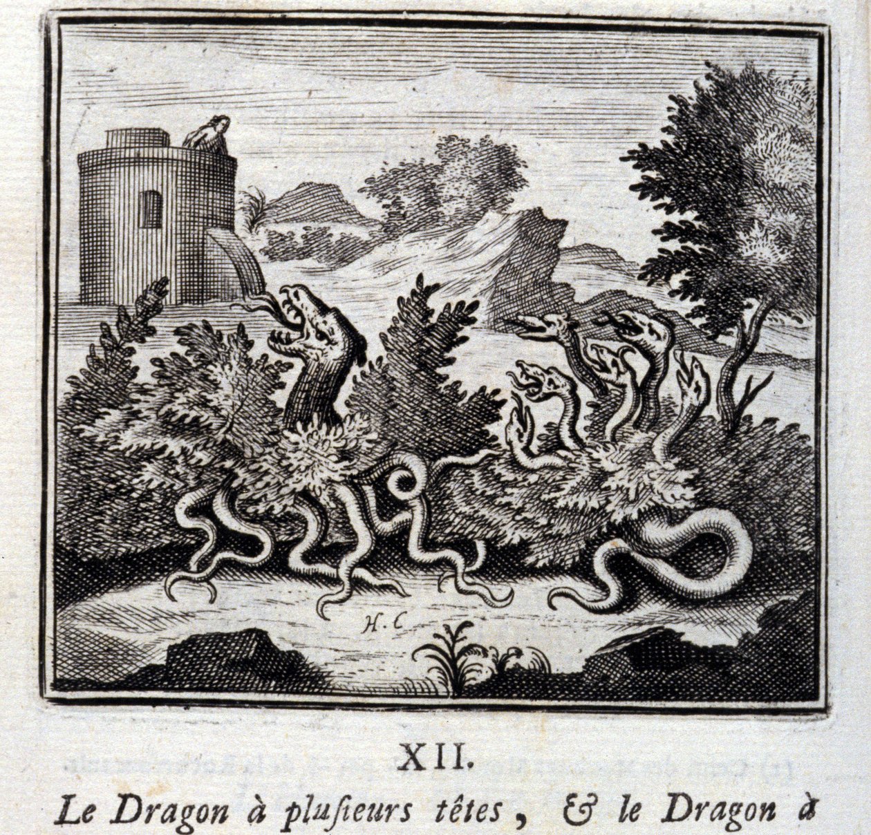 Dragen har flere hoder og dragen har flere haler. Fabler av Jean de La Fontaine (1621-95). Illustrasjon av François Chauveau (1613-1676). Utgave av 1728. av Francois Chauveau
