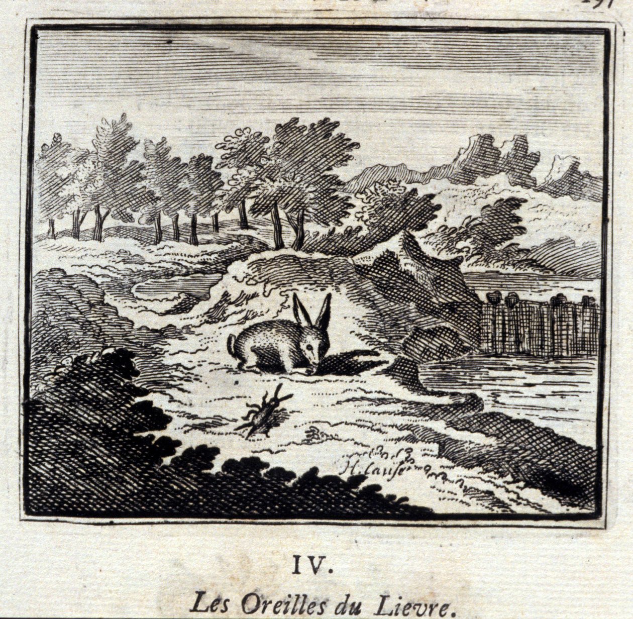 Ørene til Lievre. Fabler av Jean de La Fontaine (1621-95). Illustrasjon av François Chauveau (1613-1676). Utgave av 1728. av Francois Chauveau