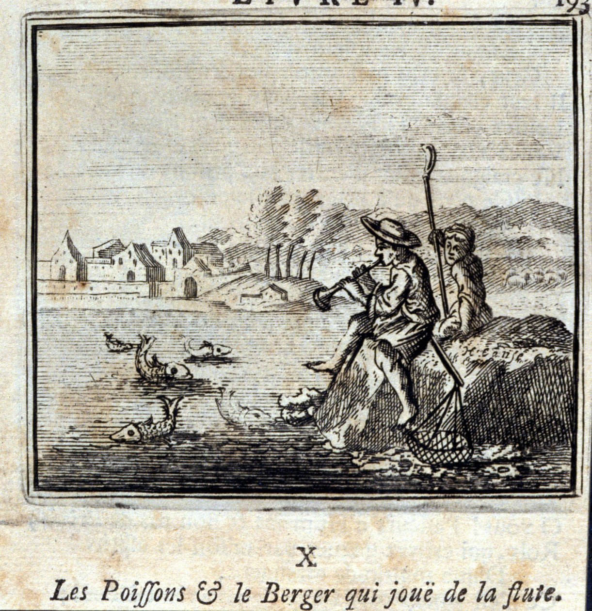 Fisken og gjeteren som spiller på fløyte. Fabler av Jean de La Fontaine (1621-95). Illustrasjon av François Chauveau (1613-1676). Utgave av 1728. av Francois Chauveau