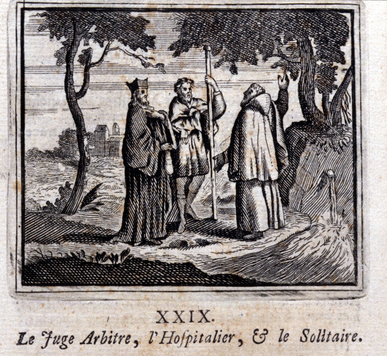 Dommeren dømmer Hospitaller og Solitaire. Fabler av Jean de La Fontaine (1621-95). Illustrasjon av Francois Chauveau (1613-1676). Utgave av 1728. av Francois Chauveau