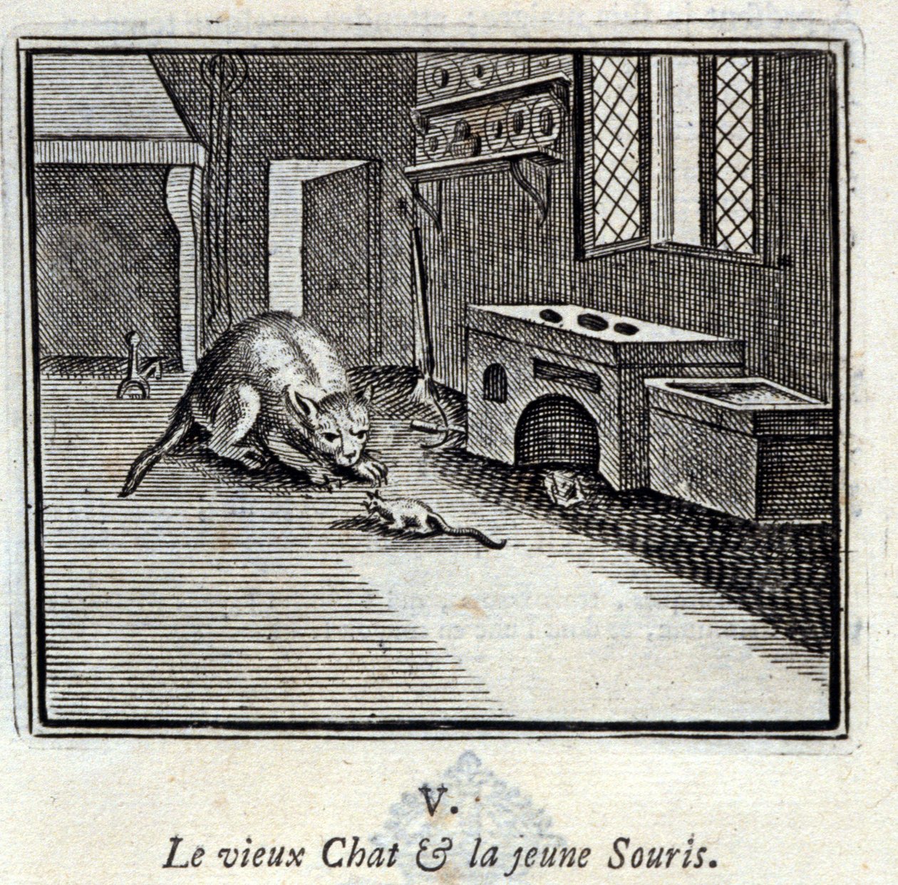 Den gamle katten og den unge musen. Fabler av Jean de La Fontaine (1621-95). Illustrasjon av François Chauveau (1613-1676). Utgave av 1728. av Francois Chauveau