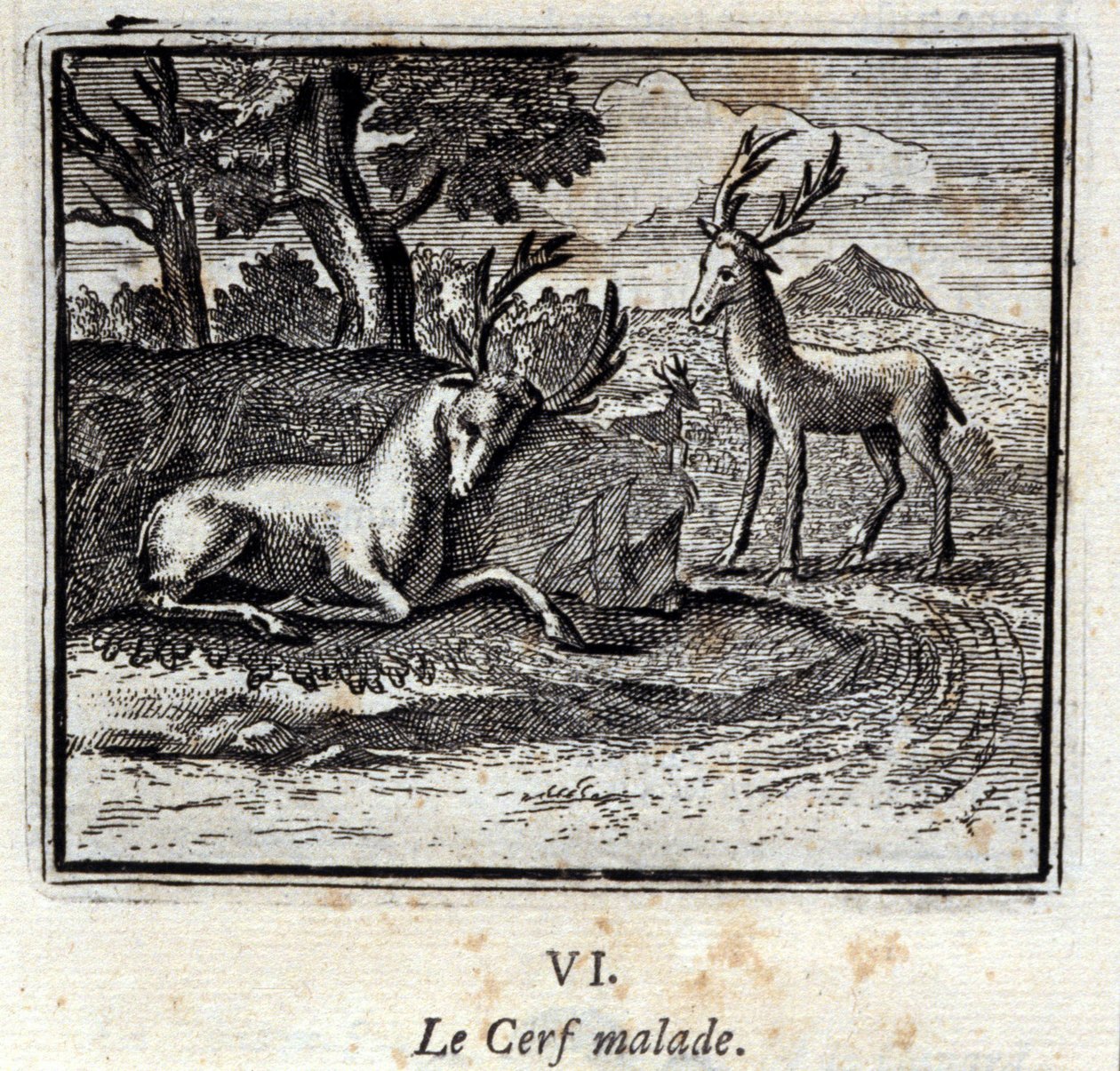 Det syke rådyret. Fabler av Jean de La Fontaine (1621-95). Illustrasjon av François Chauveau (1613-1676). Utgave av 1728. av Francois Chauveau