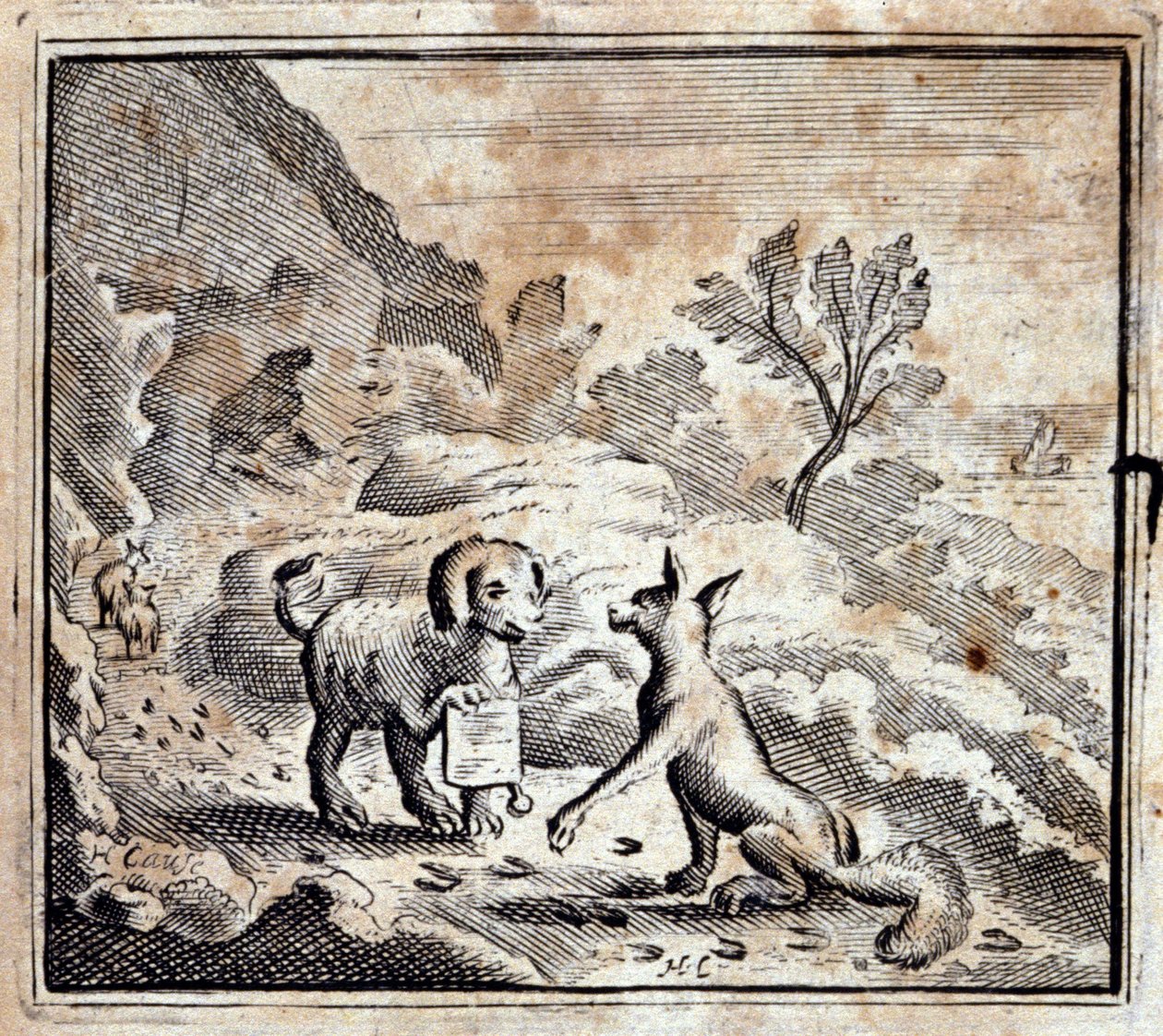 Den syke løven og reven. Fabler av Jean de La Fontaine (1621-95). Illustrasjon av François Chauveau (1613-1676). Utgave av 1728. av Francois Chauveau