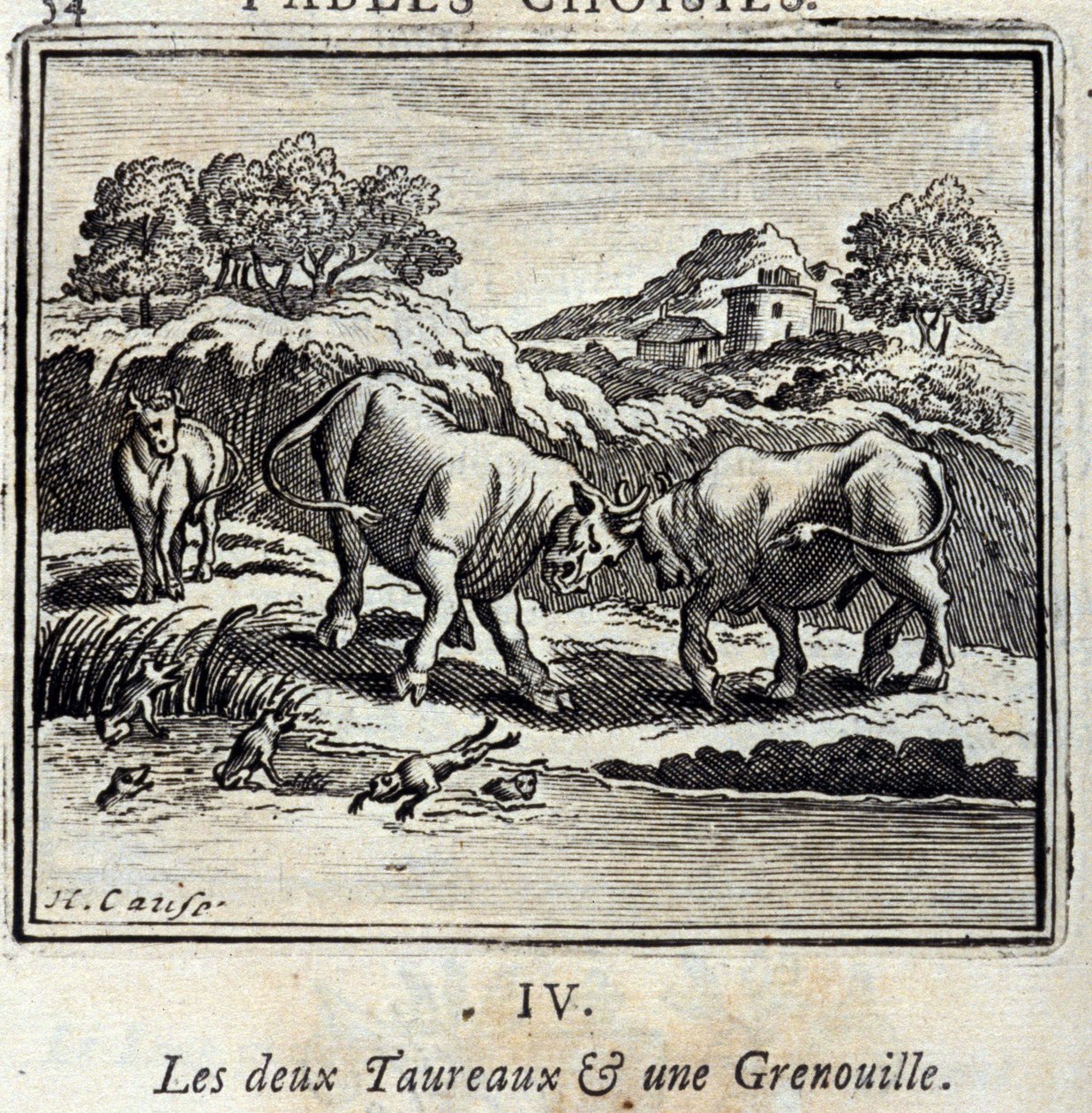 De to oksene og en frosk. Fabler av Jean de La Fontaine (1621-95). Illustrasjon av Francois Chauveau (1613-1676). Utgave av 1728. av Francois Chauveau
