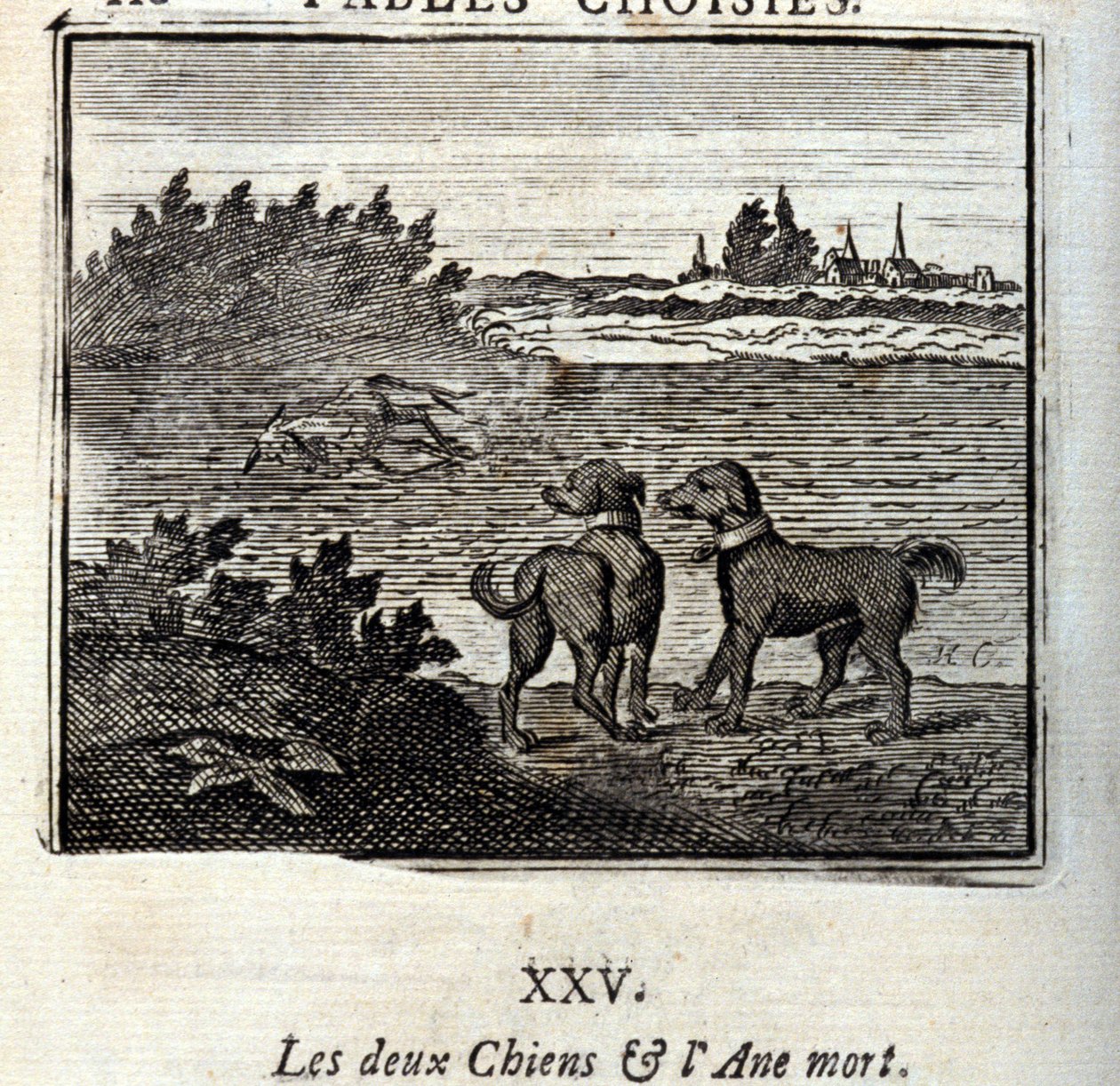 De to hundene og det døde eselet. Fabler av Jean de La Fontaine (1621-95). Illustrasjon av François Chauveau (1613-1676). Utgave av 1728. av Francois Chauveau