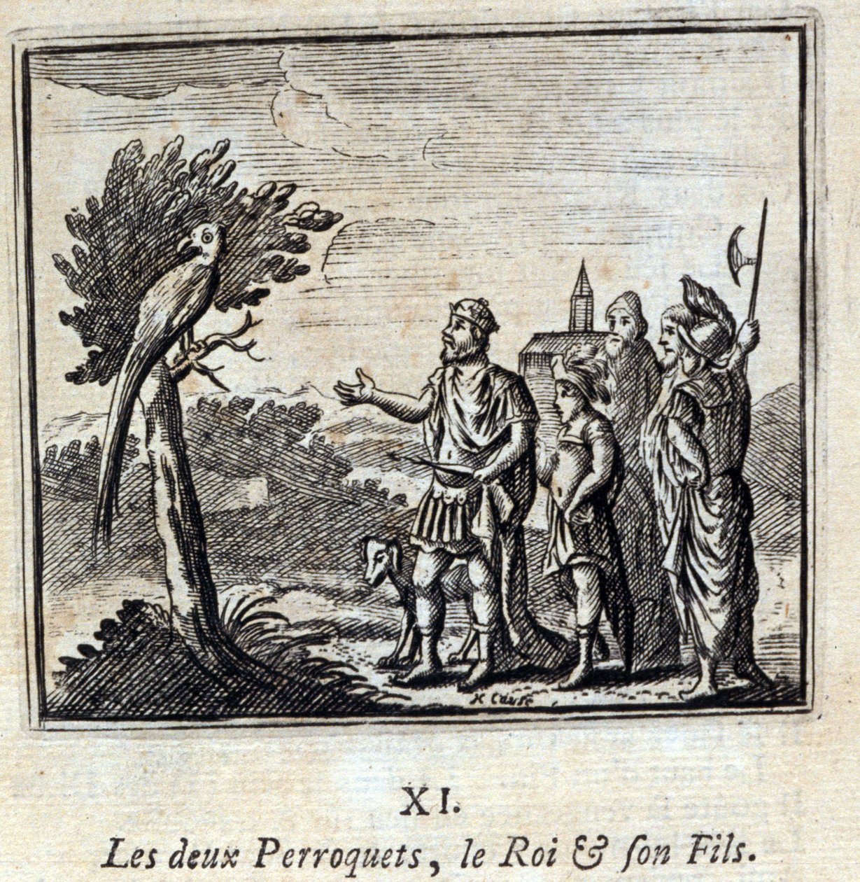 De to papegøyene kongen og hans sønn. Fabler av Jean de La Fontaine (1621-95). Illustrasjon av François Chauveau (1613-1676). Utgave av 1728. av Francois Chauveau