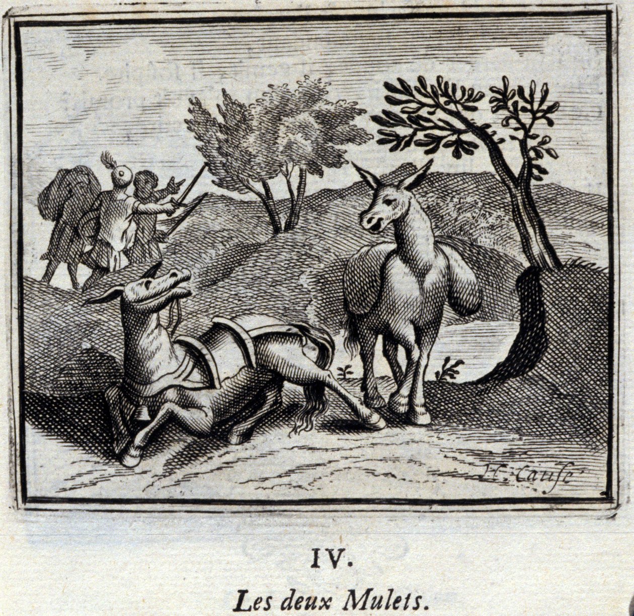 De to muldyrene. Fabler av Jean de La Fontaine (1621-95). Illustrasjon av Francois Chauveau (1613-1676). Utgave av 1728. av Francois Chauveau