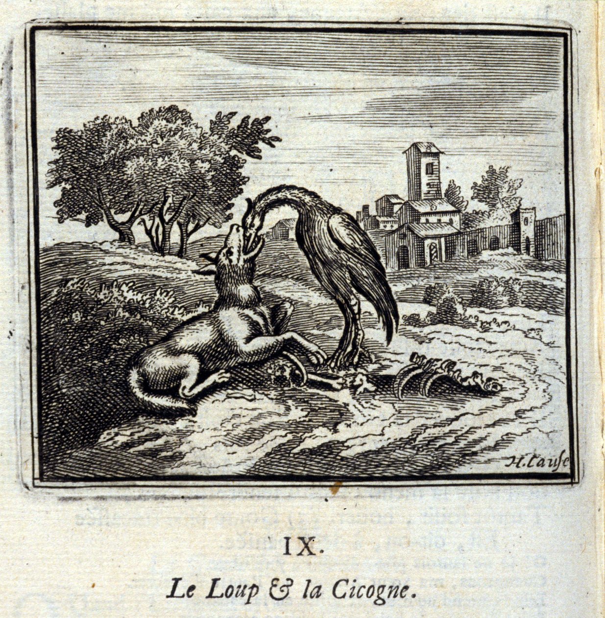 Ulven og storken. Fabler av Jean de La Fontaine (1621-95). Illustrasjon av François Chauveau (1613-1676). Utgave av 1728. av Francois Chauveau