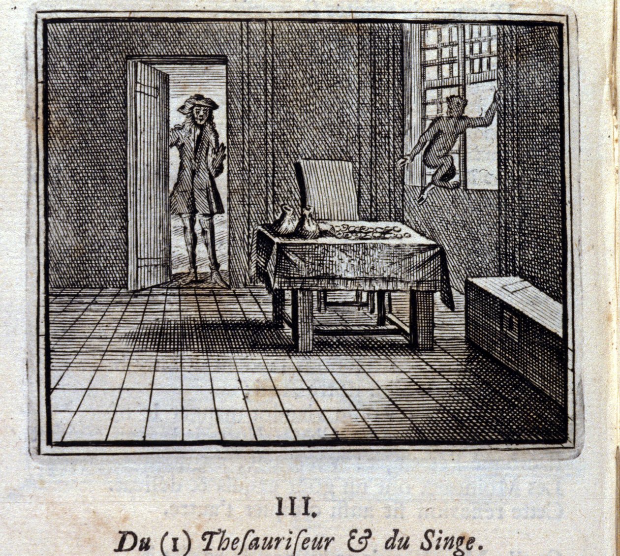 Tesaurizer og Monkey. Fabler av Jean de La Fontaine (1621-95). Illustrasjon av Francois Chauveau (1613-1676). Utgave av 1728. av Francois Chauveau