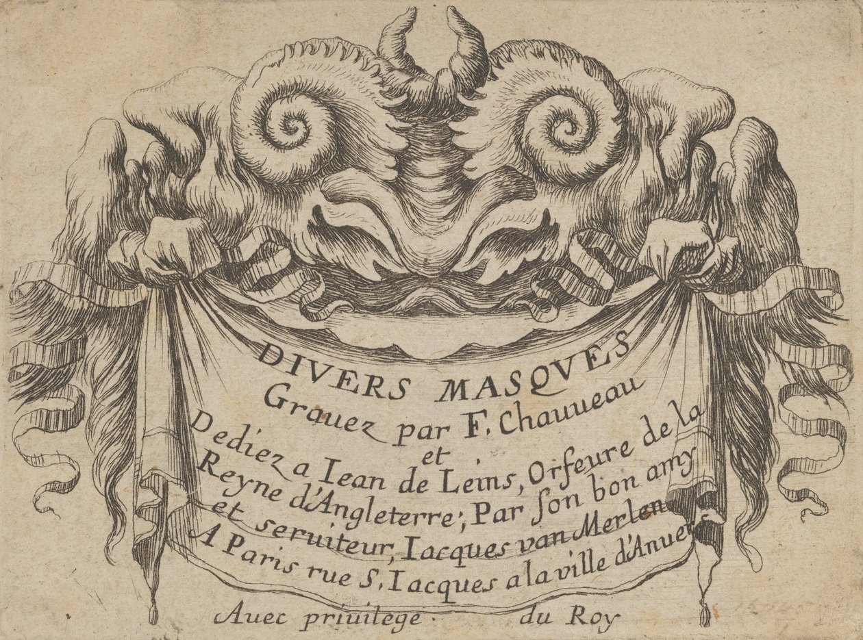 Tittelplate med to Satyr-hoder, fra Divers Masques, ca. 1635-45. av Francois Chauveau