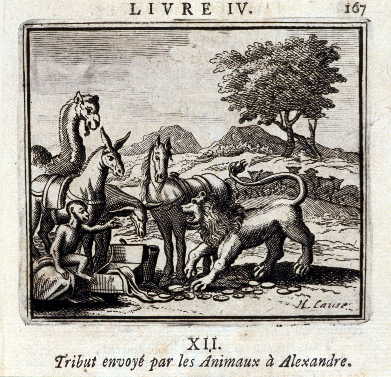 Hyllest sendt av Dyrene til Alexander. Fabler av Jean de La Fontaine (1621-95). Illustrasjon av François Chauveau (1613-1676). Utgave av 1728. av Francois Chauveau