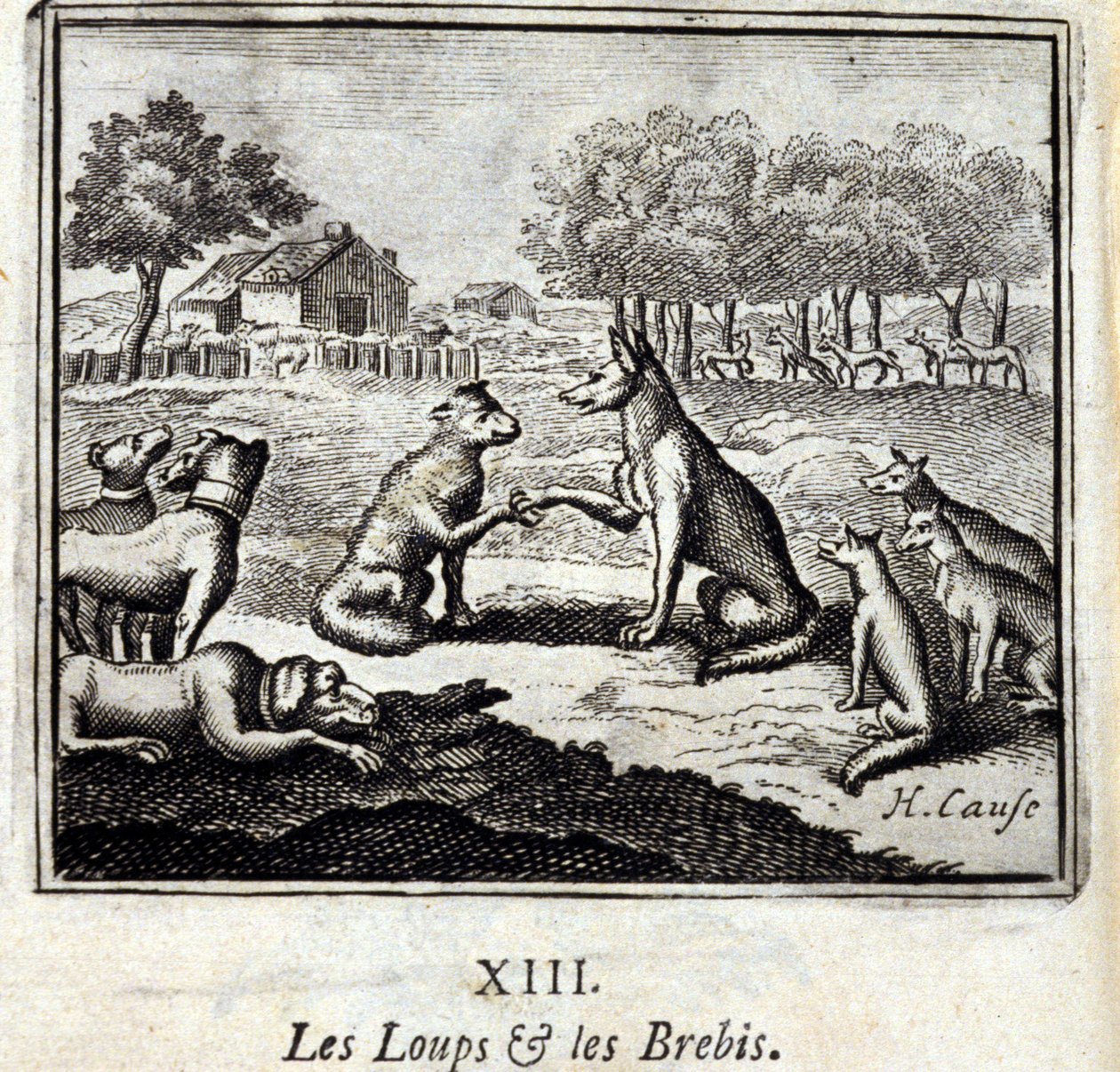 Ulver og sauer. Fabler av Jean de La Fontaine (1621-95). Illustrasjon av Francois Chauveau (1613-1676). Utgave av 1728. av Francois Chauveau