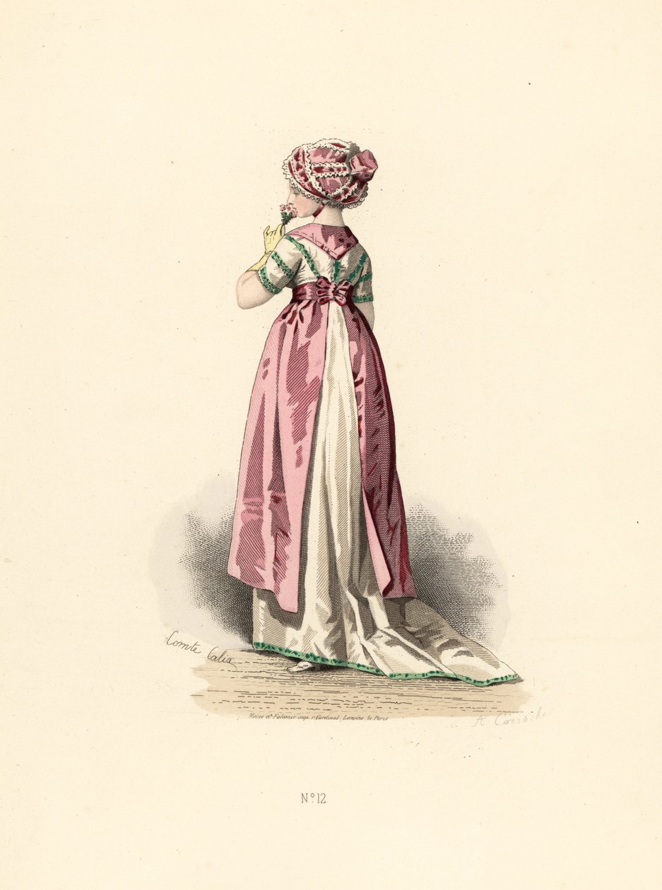 Kvinne i hvit kjole og corsage med grønn kant, rosa forkle. av Francois Claudius (after) Compte Calix