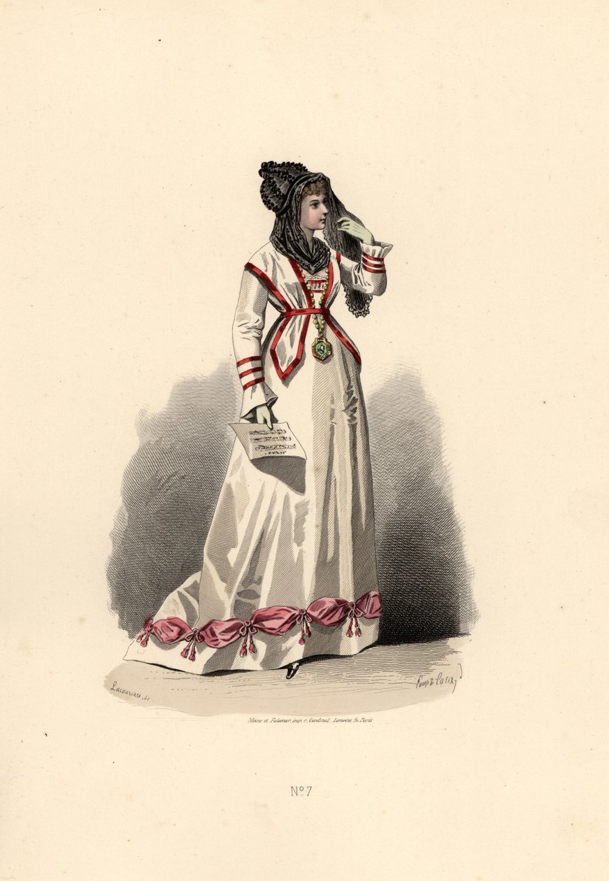 Kvinne i hvit kjole pyntet med rosa bouffanter. av Francois Claudius (after) Compte Calix