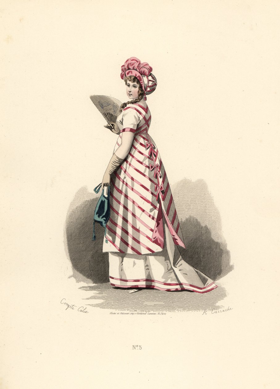 Kvinne i hvit kjole med rosa kant, stripete forkle. av Francois Claudius (after) Compte Calix