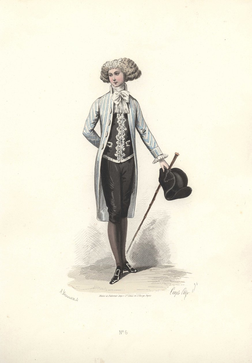 Elegant mann i stripet frakk, æra av Marie Antoinette. av Francois Claudius Compte Calix