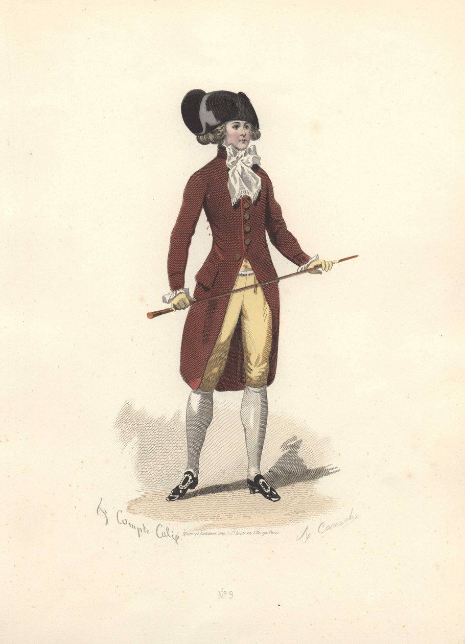Mann i stor svart tohjørninghatt, æra av Marie Antoinette. av Francois Claudius Compte Calix