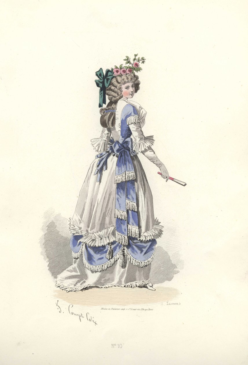 Kvinne i kjole med båndfrills, æra av Marie Antoinette. av Francois Claudius Compte Calix