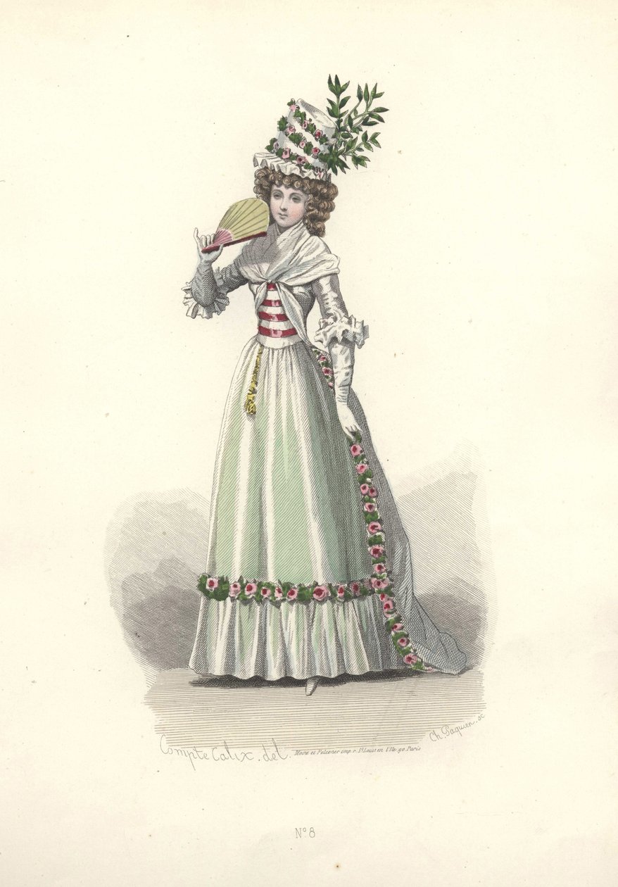 Kvinne i blomstertrimmet antrekk, æra av Marie Antoinette. av Francois Claudius Compte Calix