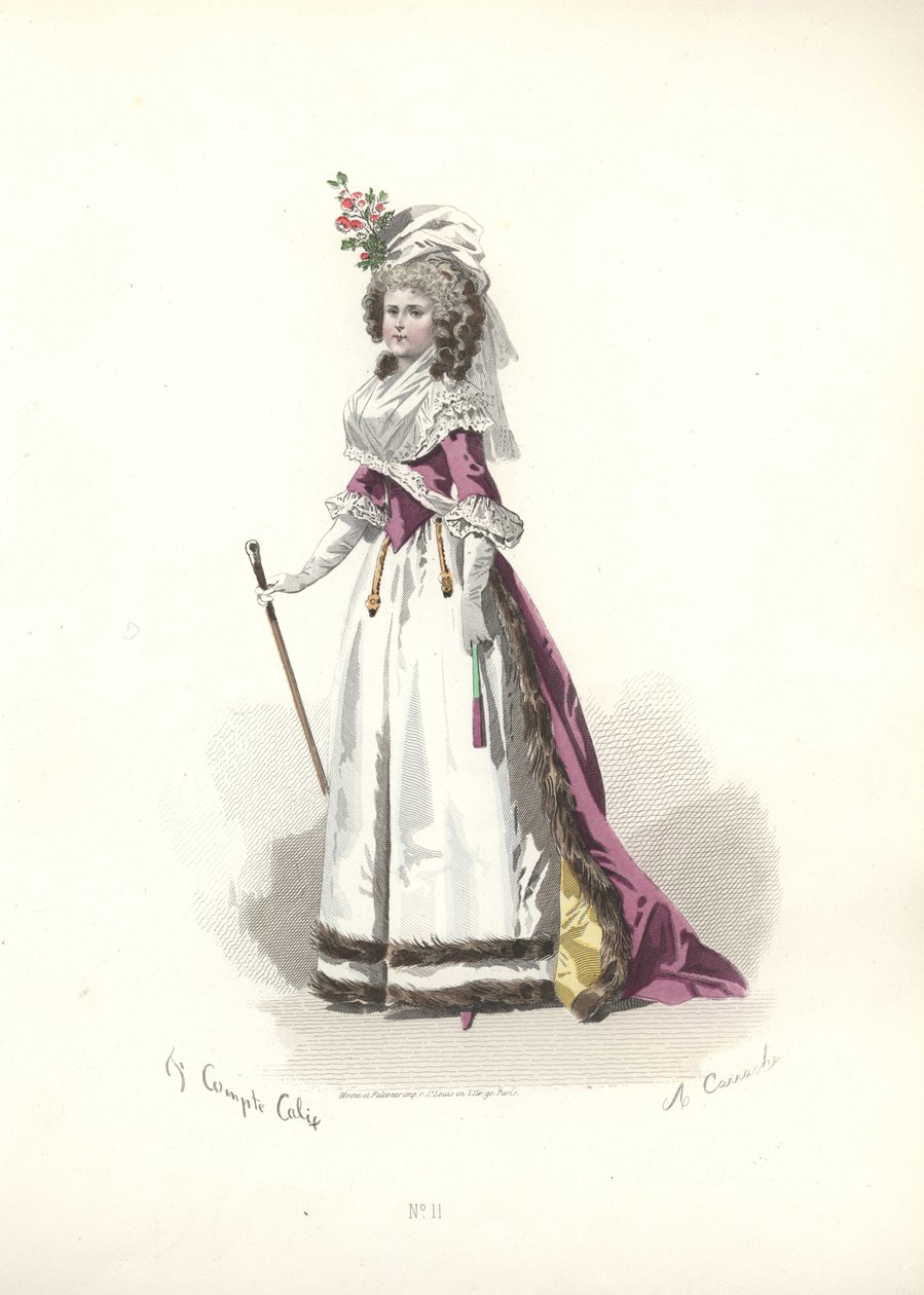 Kvinne i pelstrimmet antrekk, æra av Marie Antoinette. av Francois Claudius Compte Calix