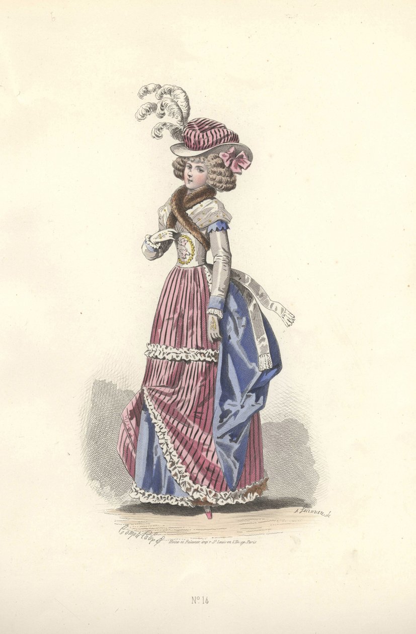 Kvinne i tricolor antrekk, æra av Marie Antoinette. av Francois Claudius Compte Calix