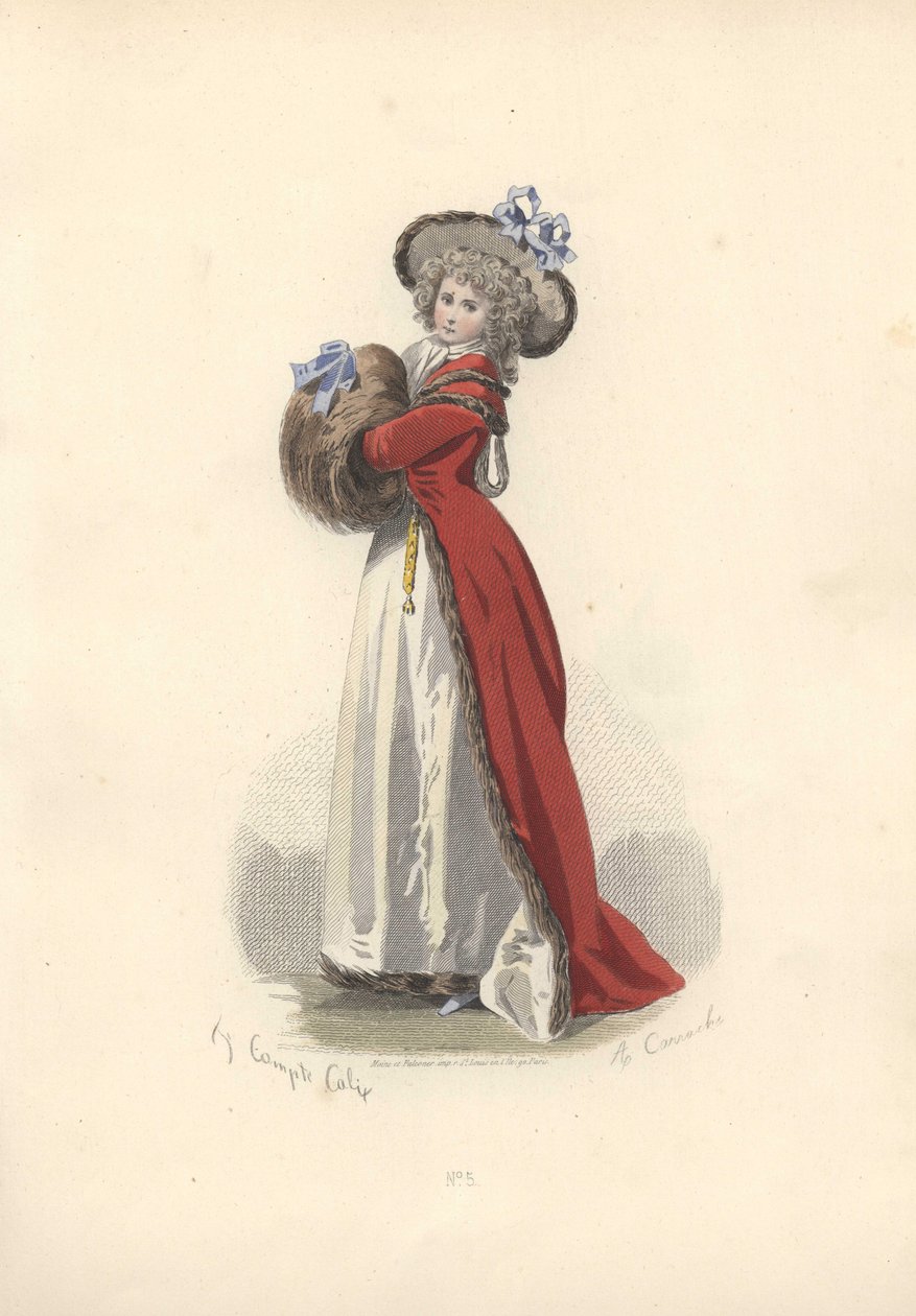 Kvinne med stor pelsmuff, æra av Marie Antoinette. av Francois Claudius Compte Calix