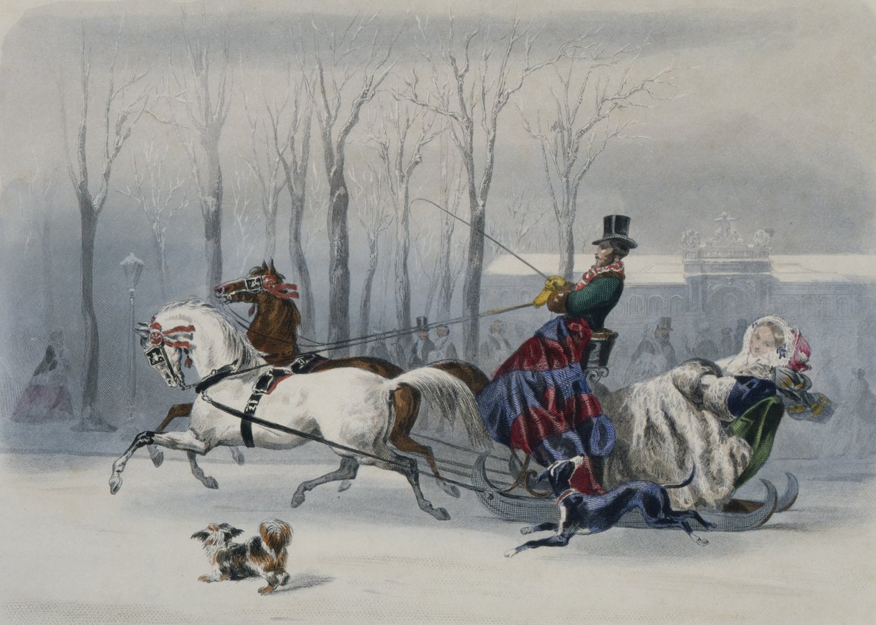 Le Traineau, fra Journal les Modes Parisiennes, trykt i Paris (fargegravering) av Francois Claudius after Compte Calix