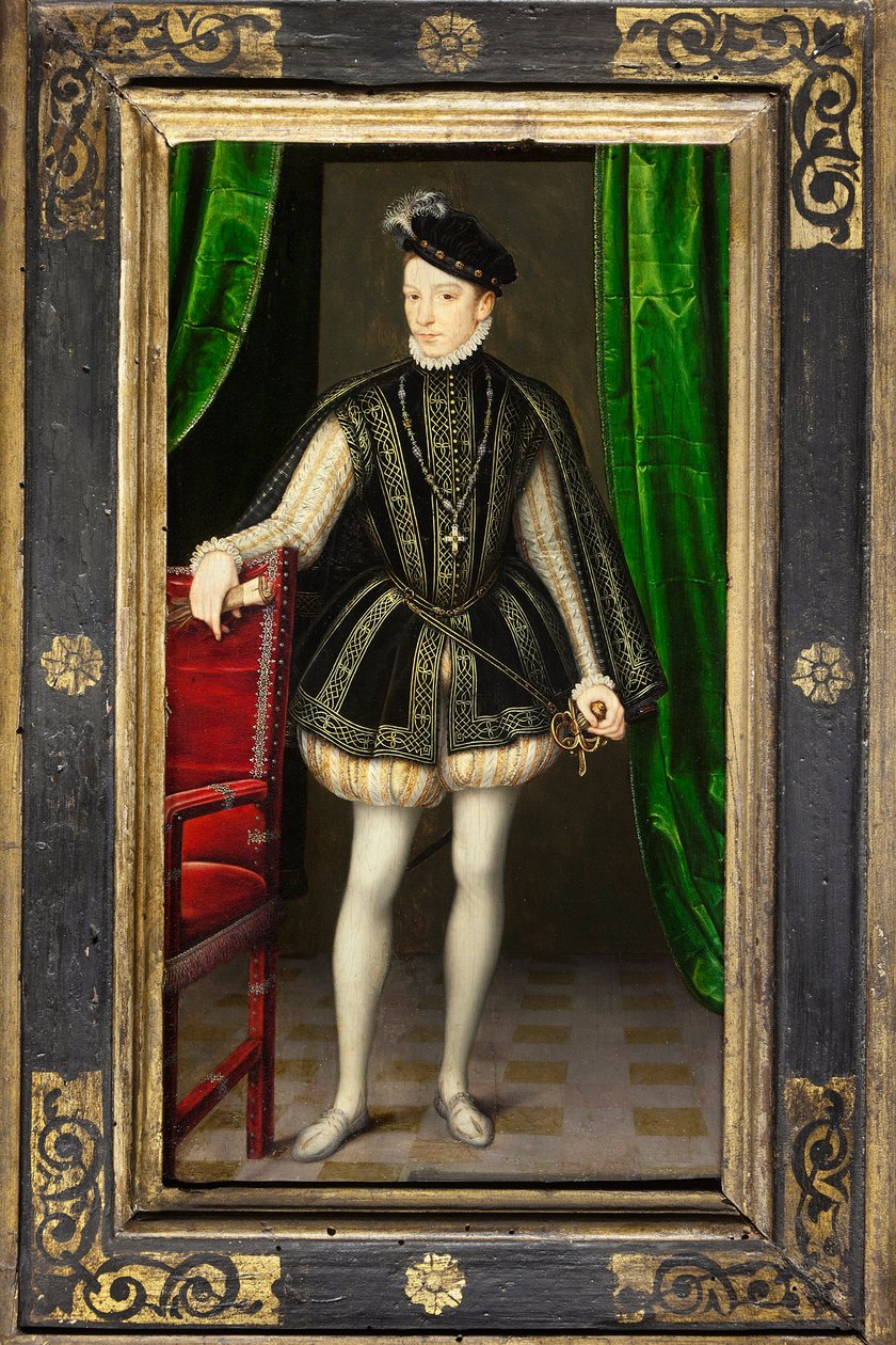 Portrett av Charles IX (1550-1574), andre sønn av Henry II og Catherine de Medicis, konge av Frankrike ved døden av sin bror i Francois II (1544-1560), giftet seg i 1570 med Elizabeth av Østerrike (1554-1592), Regne hans er preget av religionskrigene og th av François Clouet