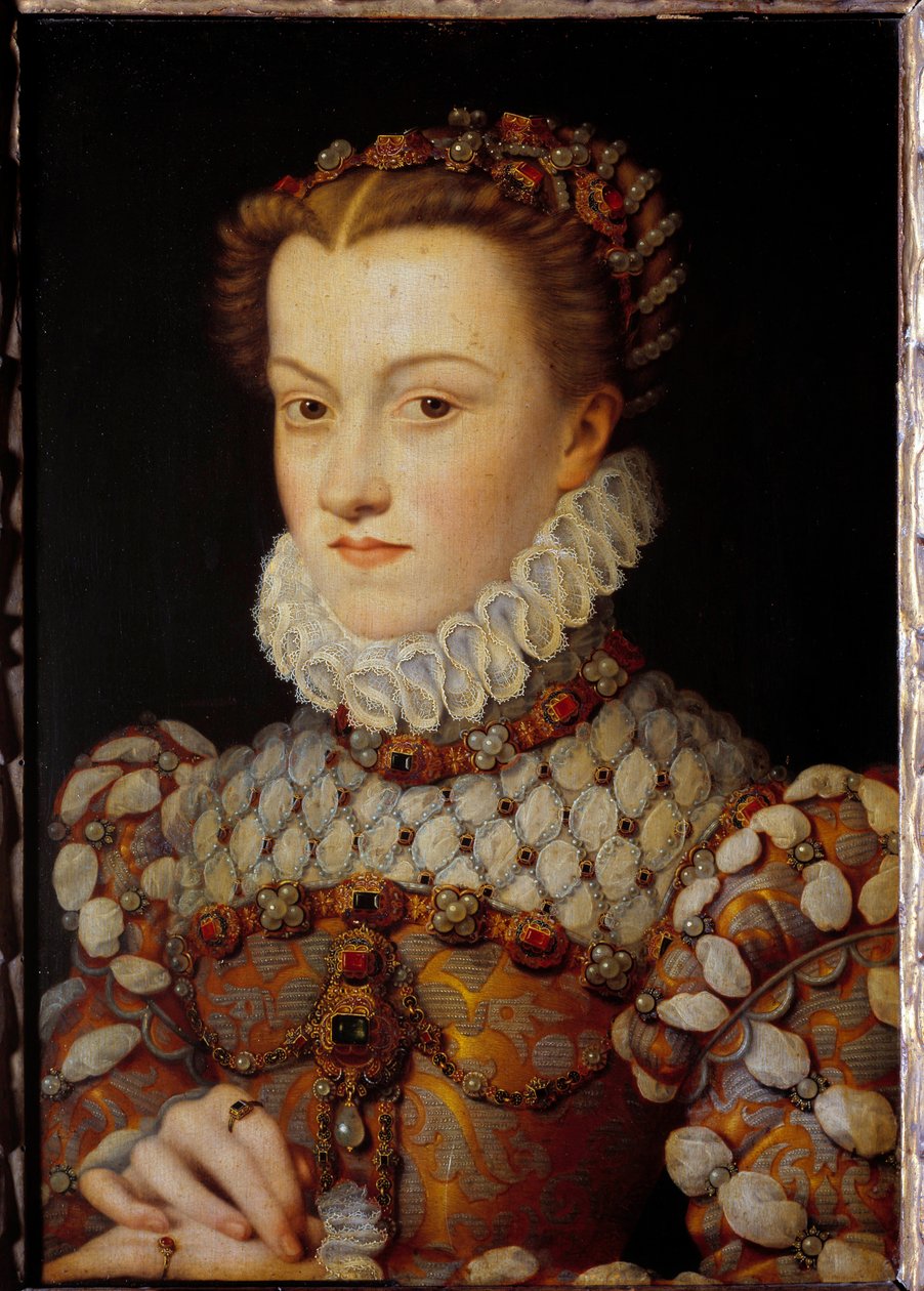 Portrett av Elisabeth av Østerrike (1554-1592) Dronning av Frankrike, kone til Charles IX Maleri av Francois Clouet (1515-1572) ca. 1571 Søn. 0,36x0,26 m - Portrett av Elisabeth av Østerrike (1554-1592), dronning av Frankrike, kone til Karl IX. Maleri av F av François Clouet
