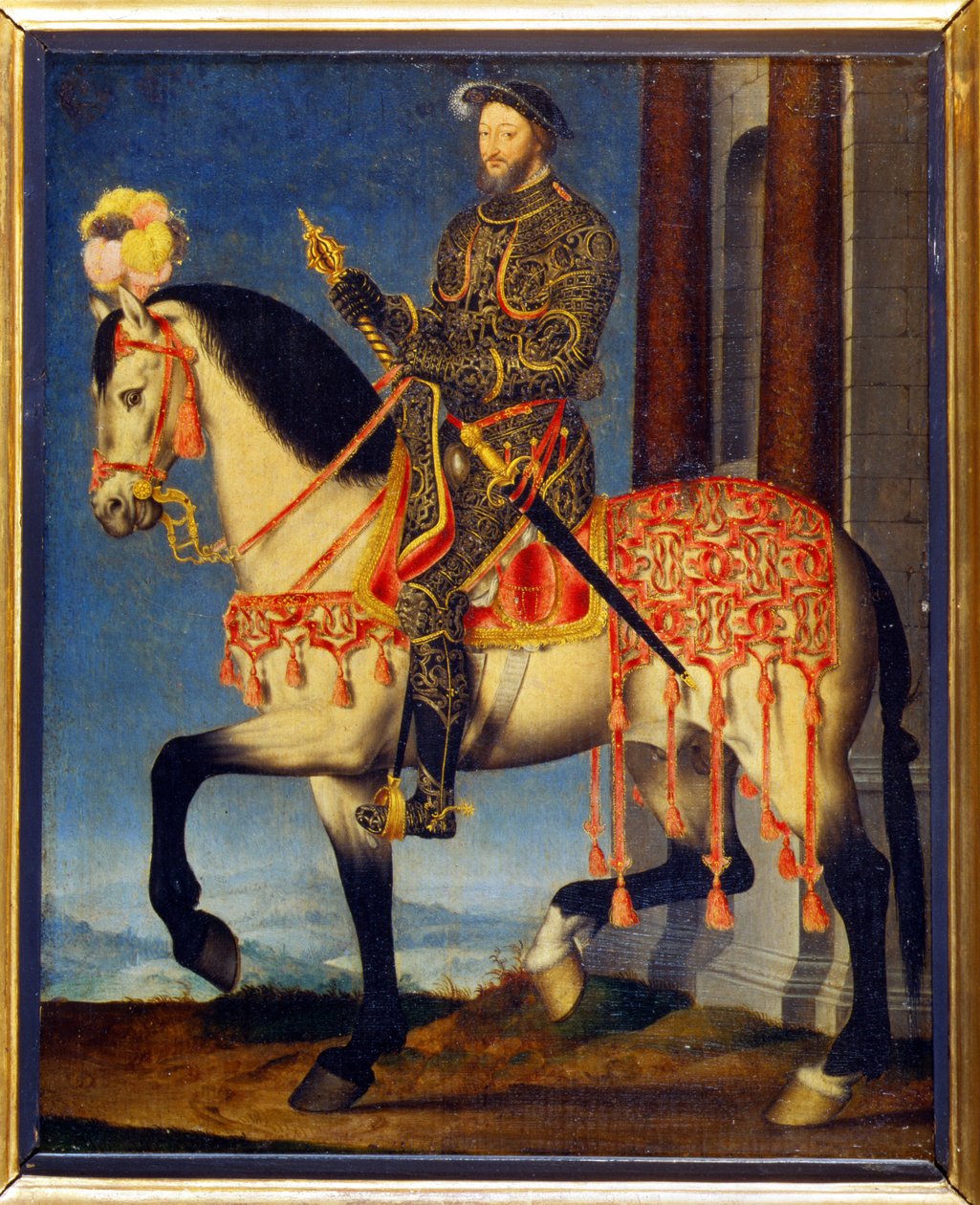 Portrett av Francois I til hest av François Clouet (ca. 1510 - 1572). Musee des Uffizi, Firenze - Rideportrett av Frans I av Frankrike (olje på panel) av François Clouet