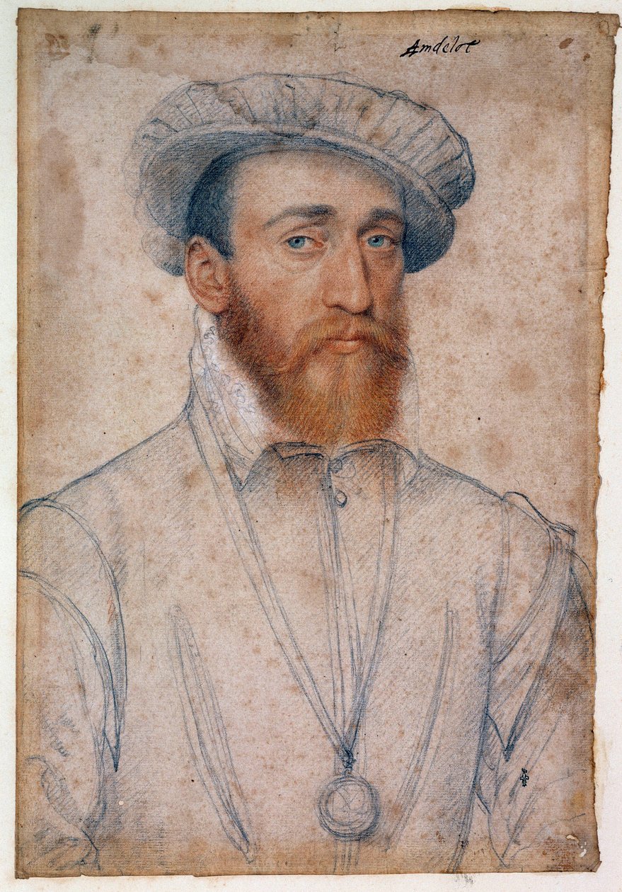 Portrett av Francois de Coligny, herre av Andelot (1521 - 1569). Tegning av blod og svart stein av Clouet Francois (1515-1572) av François Clouet