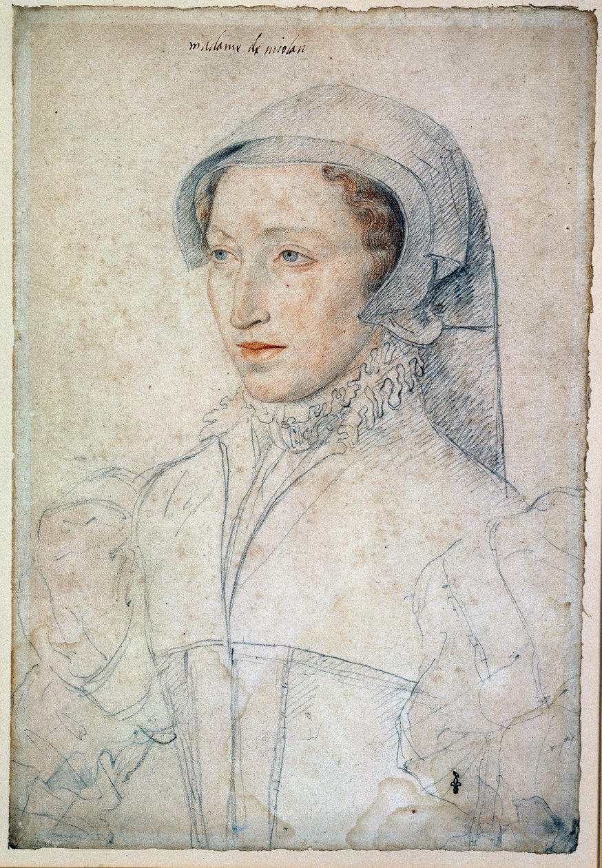 Portrett av Francoise Mareschal av Parc-damen av Mitte-de-Miolans, kone til Johannes III av Miolans (ca. 1520-1575). Æresfrue til Catherine de Medici. Tegning med svart stein og blod av Francois Clouet (1515). av François Clouet