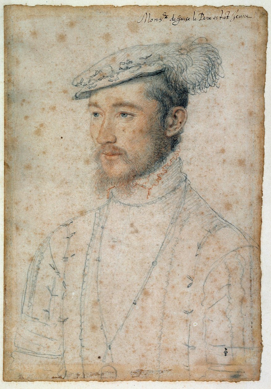 Portrett av François de Lorraine, hertug av Guise (1520 - 1563). Tegning av blod og svart stein av Clouet Francois (1515-1572) av François Clouet