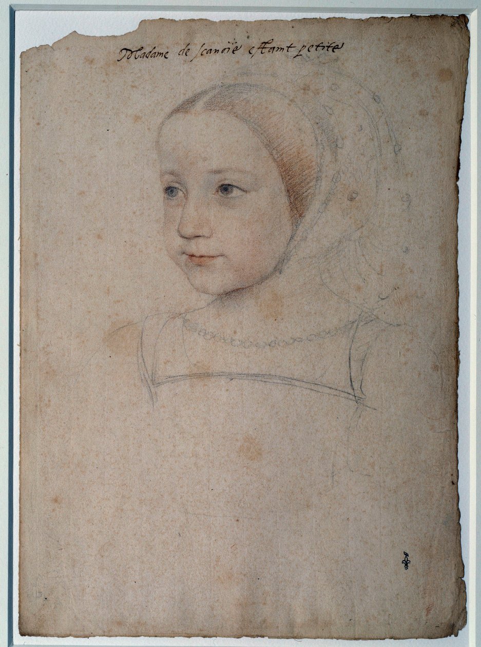 Portrett av Marguerite de France (1523-1574) barn, datter av Francois I, hertuginne av Savoy Tegning med svart stein, blod forsterket med akvarell av Francois Clouet (1515-1572) Chantilly fra 1500-tallet, Musee Conde av François Clouet