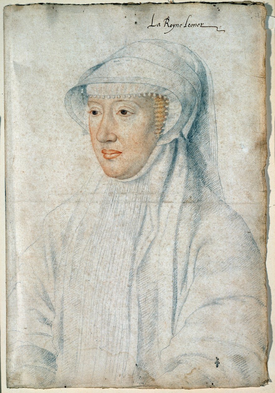 Portrett av dronning Eleonore av Habsburg (1498-1558), andre kone til Francois I. Tegning med svart stein og blod av Francois Clouet (1515-1572) av François Clouet