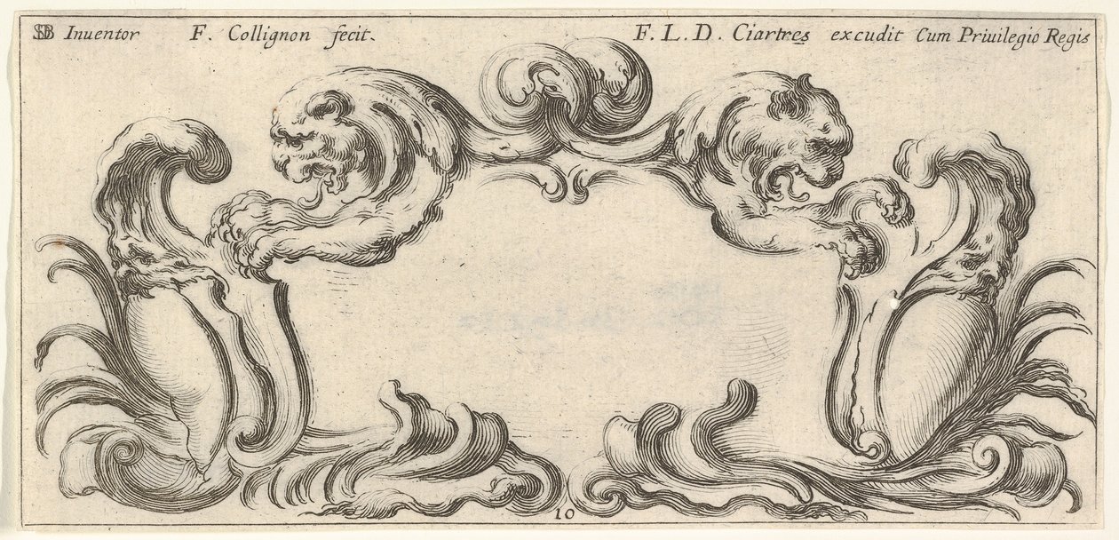 Plate 10: en kartusj med hodene til to løver i profil til venstre og høyre i t..., ca. 1640-45. av Francois Collignon