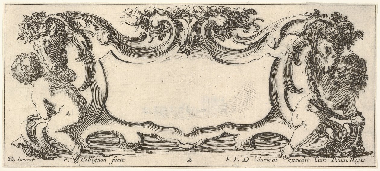Plate 2: en kartusj med et barn sett fra baksiden til venstre og et barn sett fra ..., ca. 1640-45. av Francois Collignon