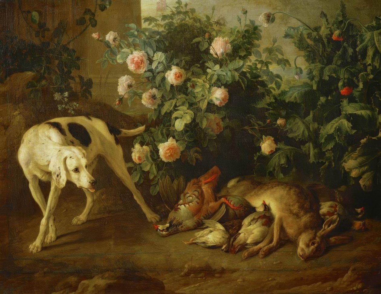 Hundehold i nærheten av en rosebusk av Francois Desportes