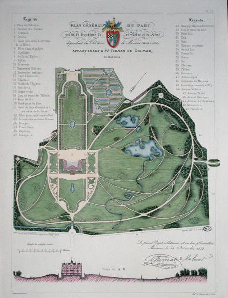 Generell plan for hagen til Chateau de Maisons tilhørende Thomas de Colmar, gravert av G. Lorsignol av Francois Duvillers