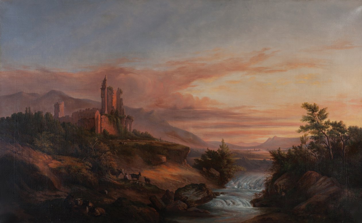 Ruiner av et slott i en dal i Alpene (Beauvoir-en-Royans) ca. 1830 (Olje på lerret) av Francois Edme Ricois