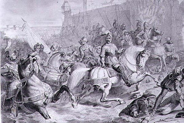 The Taking of Calais av Francis, 2nd Duke of Guise (1519-63) i 1558, gravert av Amedee Felix Barthelemy Geilee (1802-43) (gravering) av Francois Edouard (after) Picot
