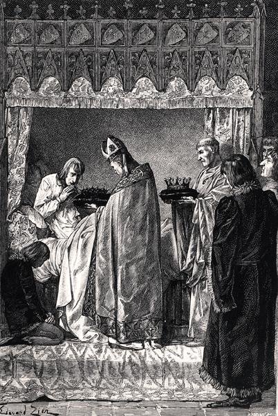 Charles V (1338-80) i sitt dødsleie, og mottok tornekronen med stor religiøs hengivenhet, fra 