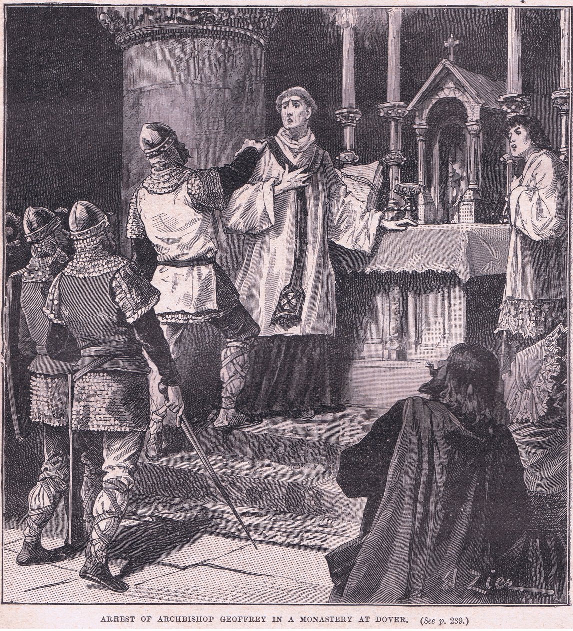 Arrestasjon av erkebiskop Geoffrey i et kloster i Dover 1191 e.Kr av Francois Edouard Zier